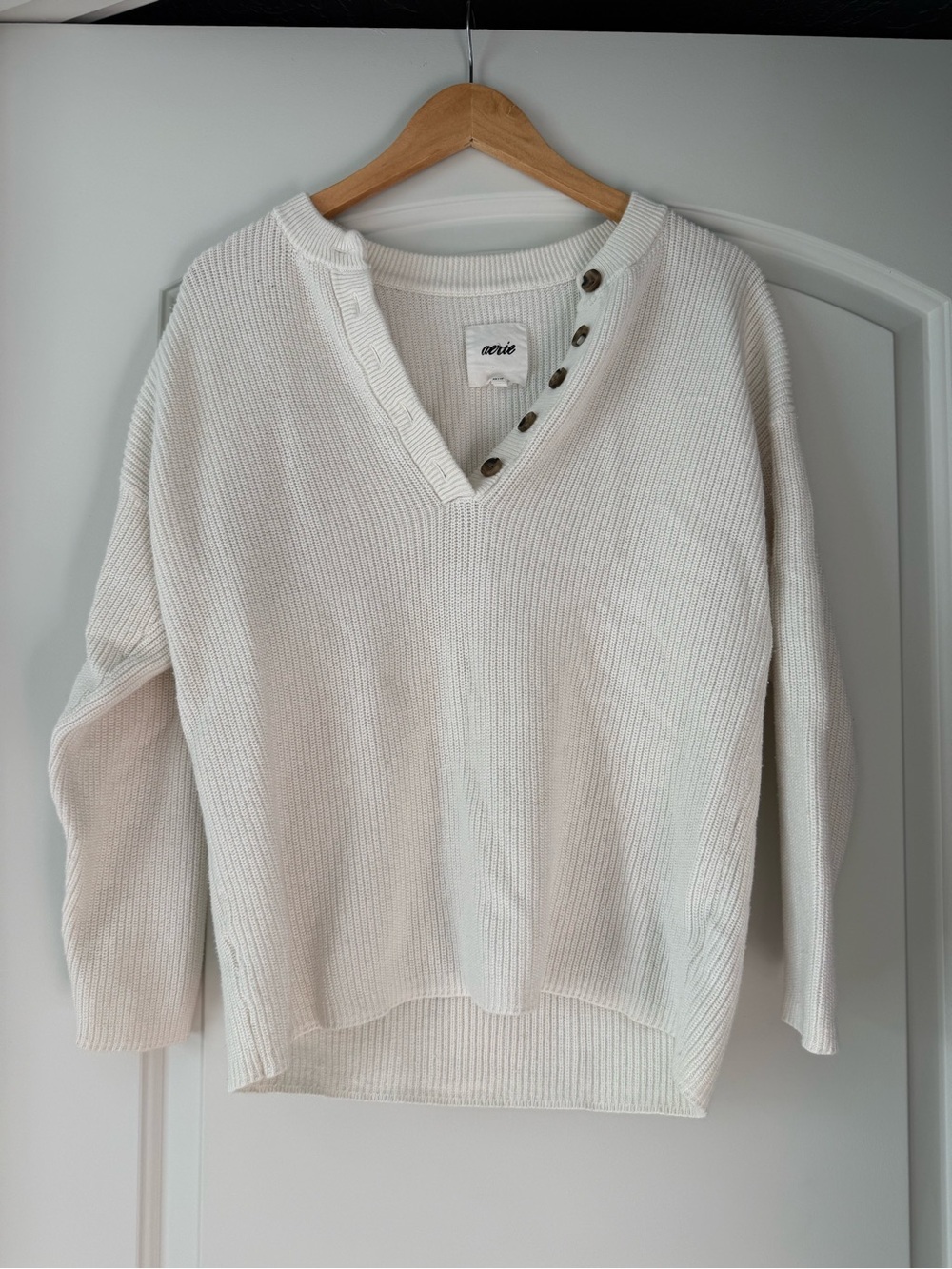 aerie Cream V-Neck Button-Trim Knit Sweater
